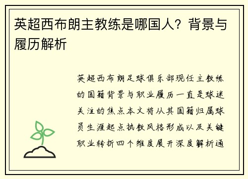 英超西布朗主教练是哪国人？背景与履历解析