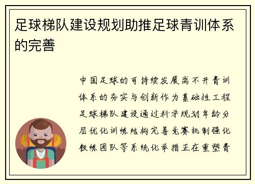 足球梯队建设规划助推足球青训体系的完善